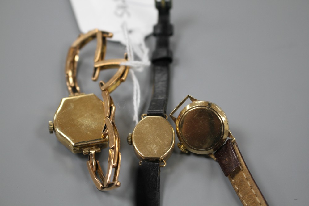 Three ladys 9ct gold manual wind wrist watches, J.W. Benson(2) and Accurist,